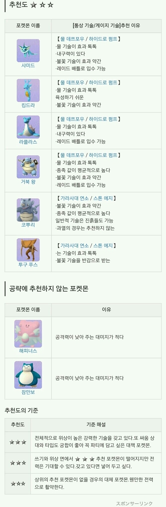 파이어잡을때 쓰는 추천포켓몬과  비추천포켓몬