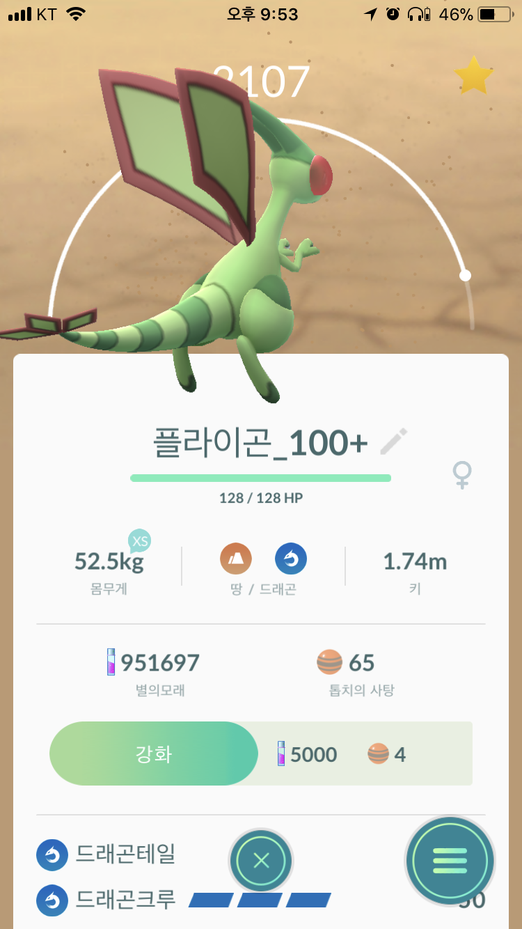 톱치 100을 진화시켜 플라이곤을 만들었습니다.