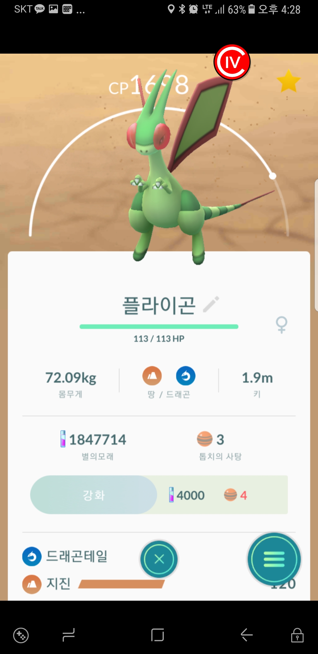 플라이곤  진화. 비록 객체는 낮아요